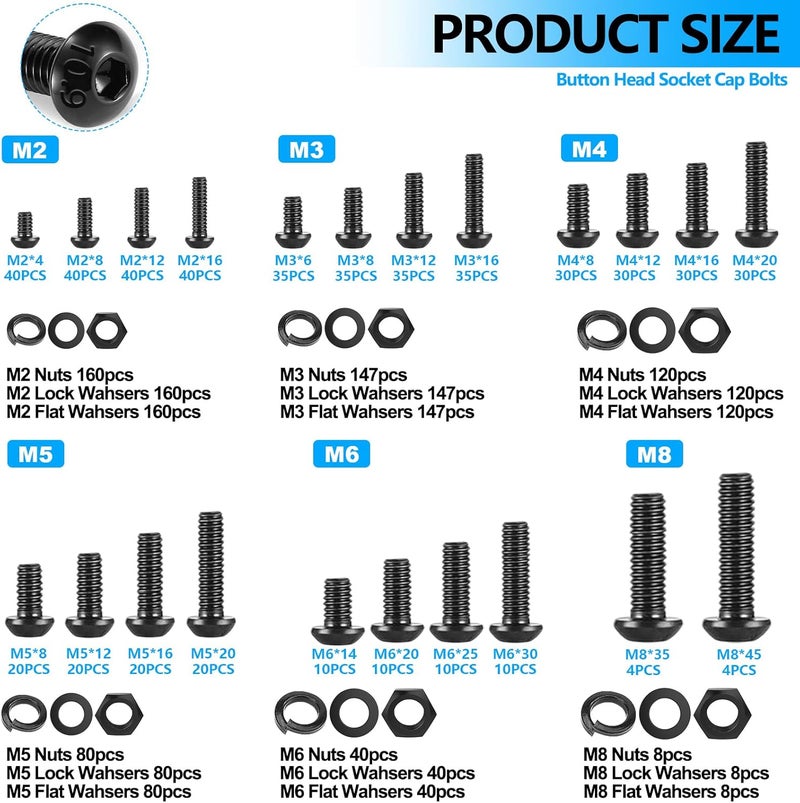 Twidec /2224PCS Metric Screw Assortment M2 M3 M4 M5 M6 M8 Machine Screws(4mm-45mm long) Grade 10.9 Button Head Hex Socket Cap Screws Metric Bolts Nuts Washer Assortment Kit Black Screws - Image 2